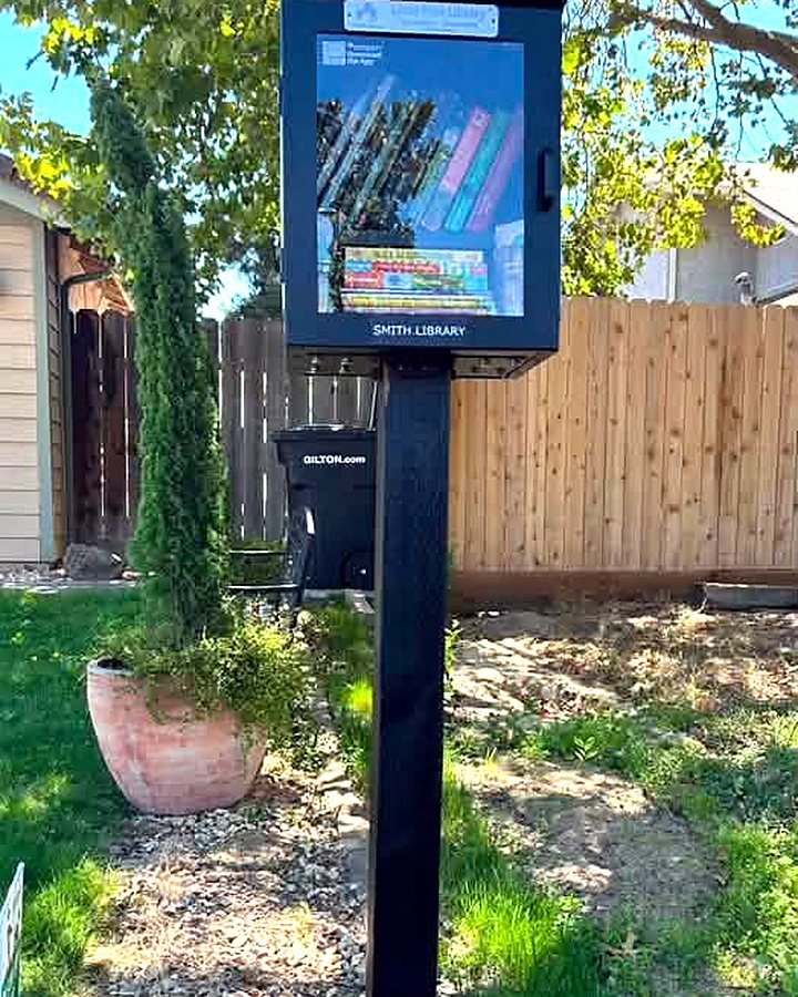 A little library box in a neighborhood yard