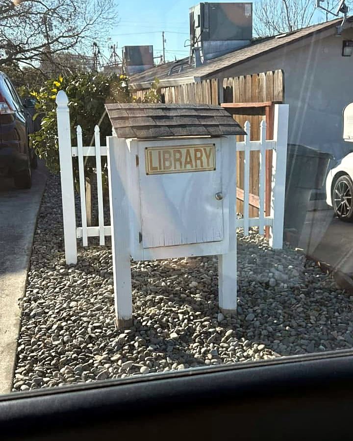 A wooden little library box with double glass doors